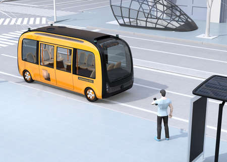Low polygon style man using smartphone to request a ride sharing self-driving shuttle bus. The bus closing the bus stop. 3D rendering image.の写真素材