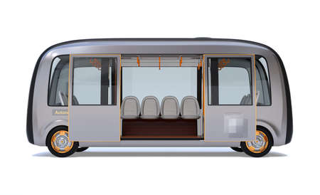Side view of self-driving shuttle bus with doors opened isolated on white background. 3D rendering image.の写真素材