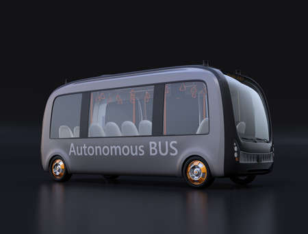 Electric powered self-driving shuttle bus on black background. 3D rendering image.の写真素材