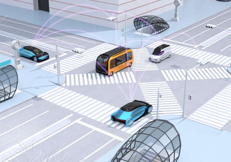 Traffic in modern city intersection. Self driving sedan, delivery van and bus connected each other with pink curve. Connected cars concept. 3D rendering image.の写真素材
