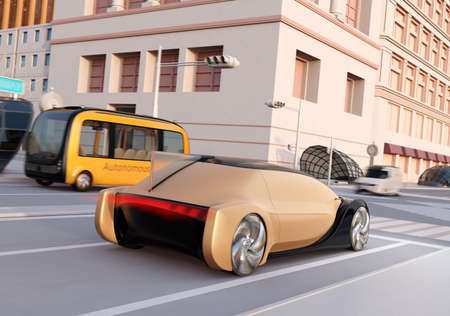Rear view of autonomous sedan and bus driving through an intersection at sunset.  3D rendering image.の写真素材