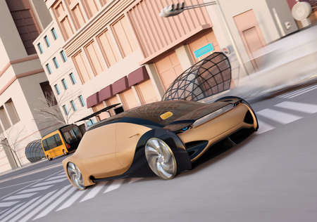 Golden color self driving sedan driving on the road. Ride sharing concept. 3D rendering image.の写真素材