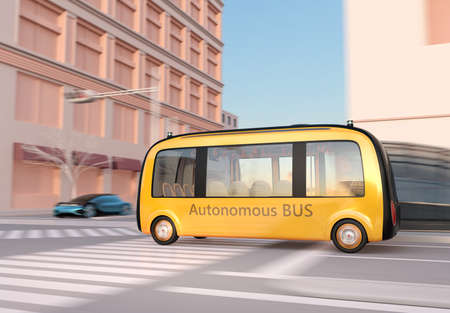 Yellow self-driving shuttle bus is driving through an intersection. 3D rendering image.の写真素材