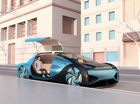 Low polygon style people sitting in an autonomous sedan waiting for moving. Ride sharing concept. 3D rendering image.の写真素材
