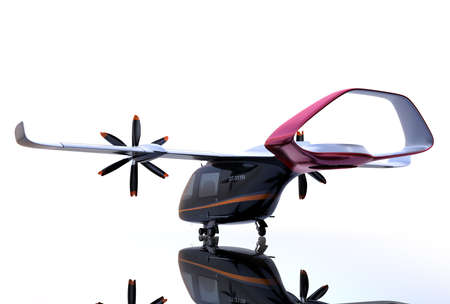 Rear view of E-VTOL passenger aircraft with mirror reflection on the ground. Urban Passenger Mobility concept. 3D rendering image.の写真素材