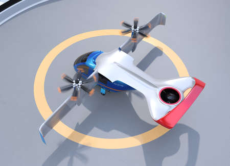 E-VTOL passenger aircraft taking off from airport. Urban Passenger Mobility concept. 3D rendering image.の写真素材