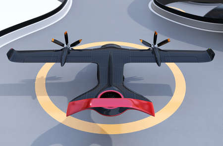 Rear view of E-VTOL passenger aircraft on airport parking area. Solar panel mounted on the wings. Urban Passenger Mobility concept. 3D rendering image.の写真素材