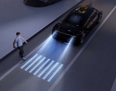 Autonomous car communicating with pedestrian at crosswalk sign by light projection at ground. 3D rendering image.の写真素材