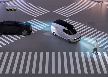 Black car emergency braking to avoid car accident from minivan waiting pedestrian walking cross. Night scene. Automatic Emergency Braking (Emergency brake system) concept. 3D rendering image.の写真素材