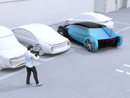 Man using smartphone to remote control car parking. Self parking system concept. 3D rendering image.の写真素材