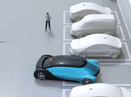 Man using smartphone to remote control car parking. Self parking system concept. 3D rendering image.の写真素材