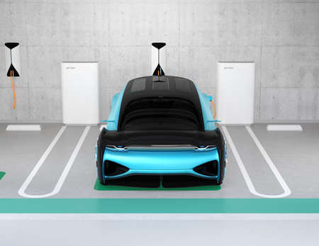 Front view of metallic blue electric cars charging in charging station locate in underground  parking lot. 3D rendering image.の写真素材