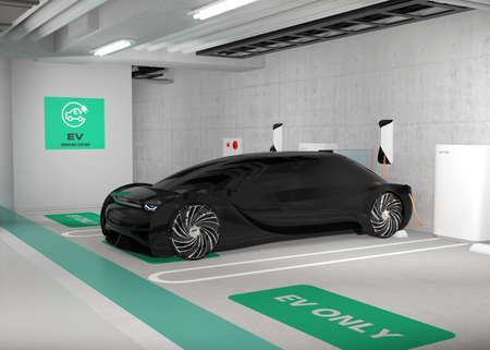 Black electric car charging in charging station locate in underground  parking lot. 3D rendering image.の写真素材