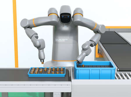 Front view of dual-arm robot assembly motor coils in cell-production space. Collaborative robot concept. 3D rendering image.の写真素材