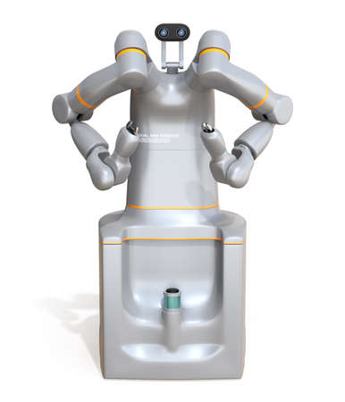 Front view of self-driving dual-arm robot isolated on white background. Collaborative robot concept. Original design. 3D rendering image.の写真素材