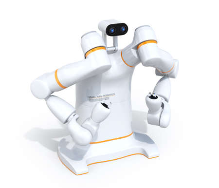 White dual-arm robot isolated on white background. Collaborative robot concept. 3D rendering image.の写真素材