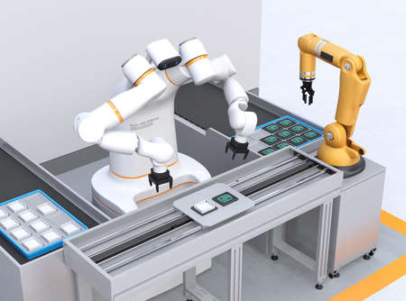 Dual-arm robot assembly printed circuit boards in cell-production space. Collaborative robot concept. 3D rendering image.の写真素材