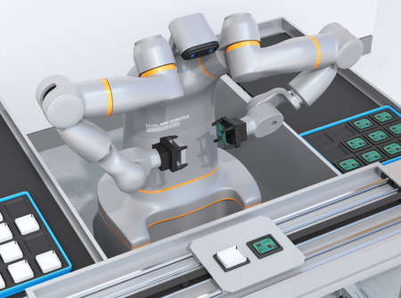Dual-arm robot assembly printed circuit boards in cell-production space. Collaborative robot concept. 3D rendering image.の写真素材