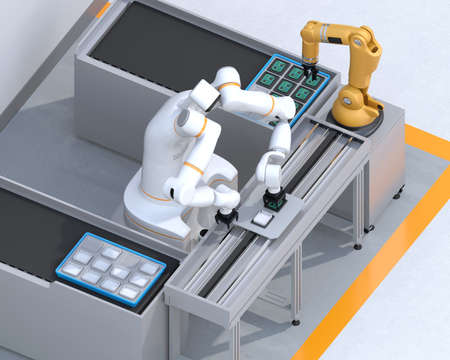 Isometric view of dual-arm robot assembly printed circuit boards in cell-production space. Collaborative robot concept. 3D rendering image.の写真素材