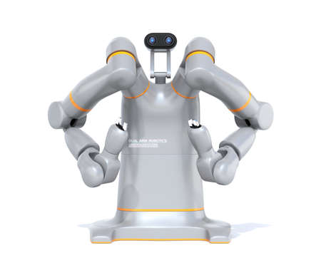 Front view of silver dual-arm robot isolated on white background. Collaborative robot concept. Original design. 3D rendering image.の写真素材
