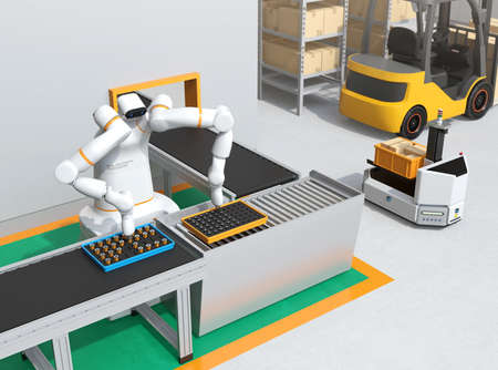 Dual-arm robot assembly motor coils in cell-production space. Collaborative robot concept. 3D rendering image.の写真素材
