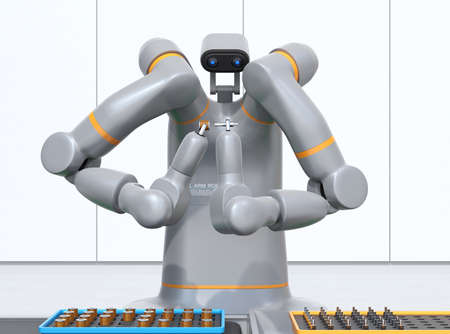 Front view of dual-arm robot assembly motor coils in cell-production space. Collaborative robot concept. 3D rendering image.の写真素材