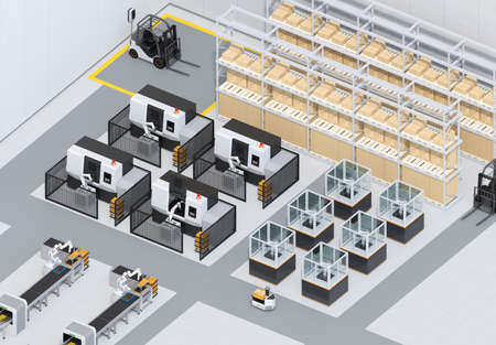Dual-arm robot assembly motor coils in cell-production space. AGV, CNC machines at background. Smart factory concept in isometric view. 3D rendering image.の写真素材