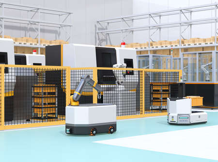 Mobile robots passing CNC robot cells in factory. Smart factory concept. 3D rendering image.の写真素材