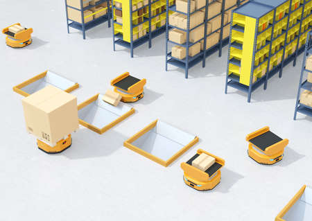Autonomous Mobile Robots dropping parcel to delivery tunnel. Warehouse automation concept. 3D rendering image.の写真素材