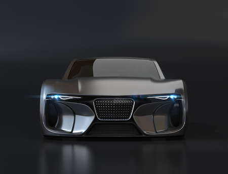 Front view of black electric sports coupe on black background. 3D rendering image.  Original design.の写真素材