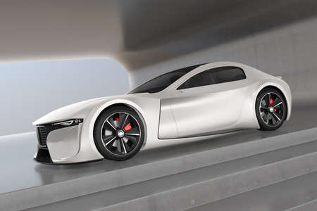 Silver electric sports coupe parking in a modern space. 3D rendering image. Original design.の写真素材