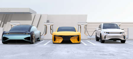 Electric cars charging at Public Charging Station. 3D rendering image.の写真素材