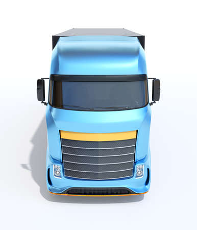 Front view of generic design blue Heavy Electric Truck on white background. 3D rendering image.の写真素材