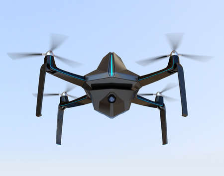 Front view of Electric Security Drone flying in the sky. 3D rendering image.の写真素材
