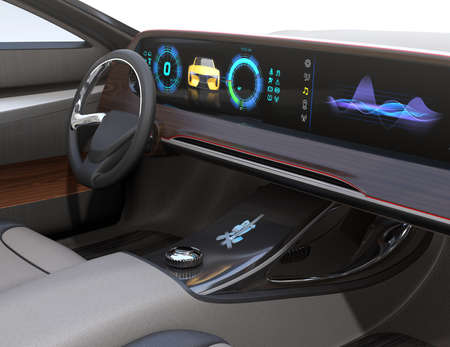 Close-up view of self-driving electric car's interior.  Wide dashboard display speedometer and music player. 3D rendering image.の写真素材