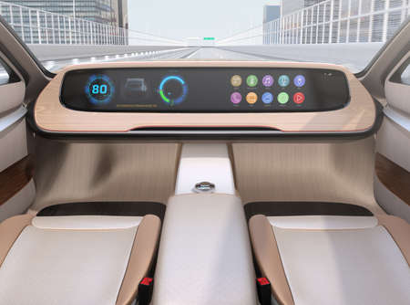 Autonomous electric car without steering and pedals driving on the highway.  Wide digital multimedia screen and icons in generic design. 3D rendering image.の写真素材