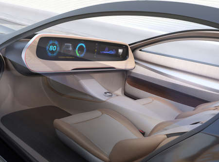 Autonomous electric car without steering and pedals driving on the highway.  Wide digital multimedia screen and icons in generic design. 3D rendering image.の写真素材
