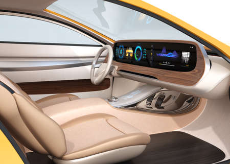 Interior of self-driving electric car equip with wide digital multimedia screen. Generic design. 3D rendering image.の写真素材