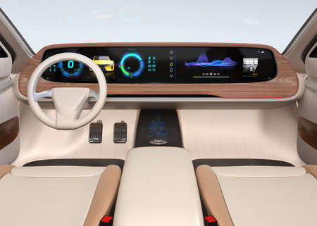 Interior of self-driving electric car equip with wide digital multimedia screen. Generic design. 3D rendering image.の写真素材