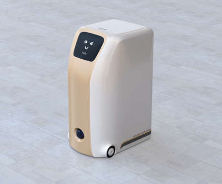 Delivery robot with cute smile icon on touch screen. 3D rendering image. Original design.の写真素材