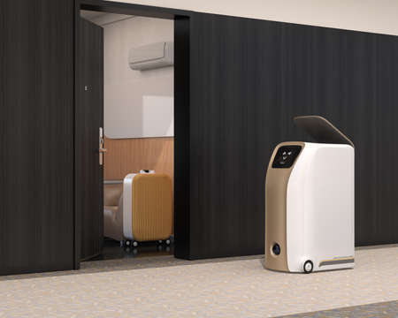 Delivery robot stopped beside room in hotel waiting for pick up. Room door was opened. 3D rendering image.の写真素材