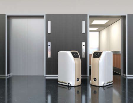 Two delivery robots in front of 2 elevators . Touchless delivery concept. 3D rendering image.