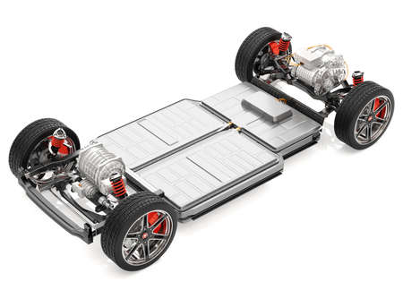 Electric Vehicle's chassis with dual motors and battery system isolated on white background. 3D rendering image.の写真素材