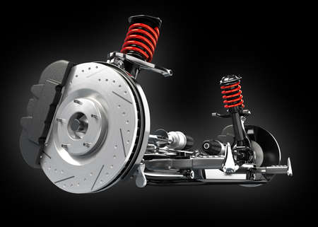 Car suspension and disk brake isolated on black background. 3D rendering image.の写真素材