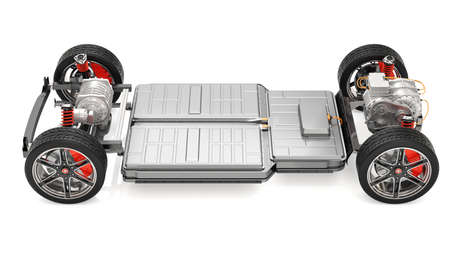Electric Vehicle's chassis with dual motors and battery system isolated on white background. 3D rendering image.の写真素材