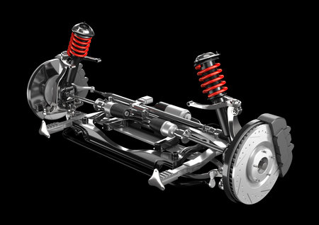Car suspension and brake system isolated on black background.の写真素材