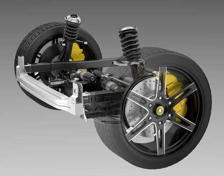 Car suspension and disk brake isolated on black background. 3D rendering image.の写真素材