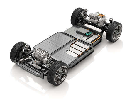 Cutaway view of Electric Vehicle Chassis with battery pack on white background. 3D rendering image.の写真素材