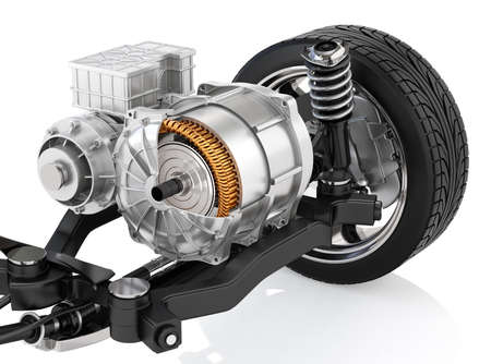 Cutaway view of Electric Vehicle Motor with suspension on white background. 3D rendering image.の写真素材