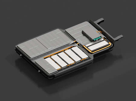 Cutaway view of electric vehicle battery pack on black background. 3D rendering image.